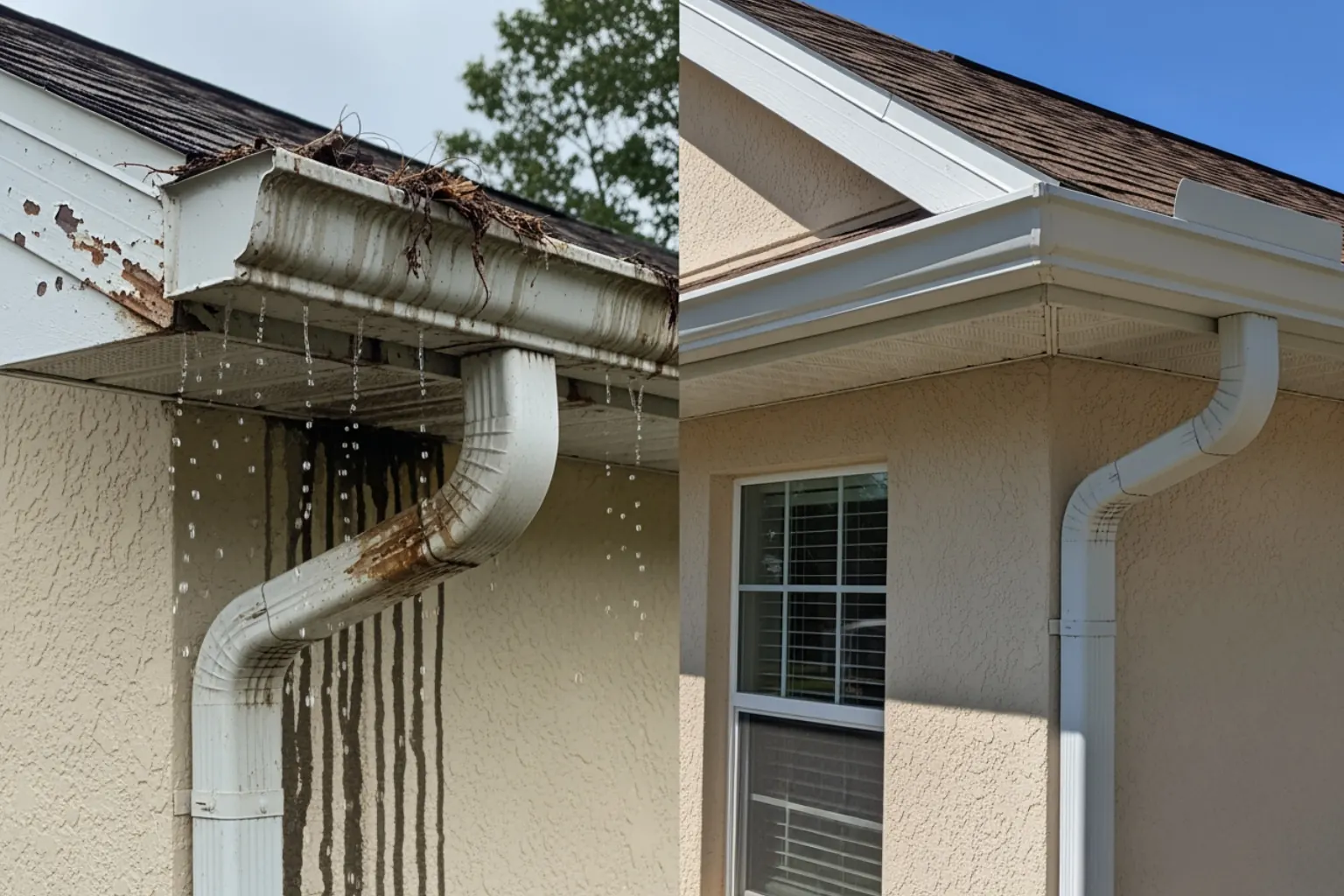 Clogged overflowing gutter beside a clean white gutter example