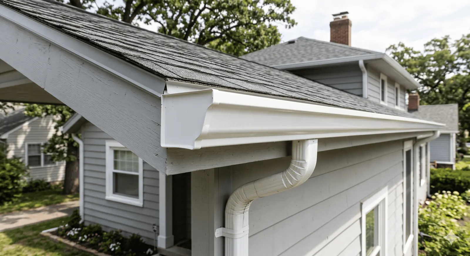 White gutter and downspout along a gray residential roof edge