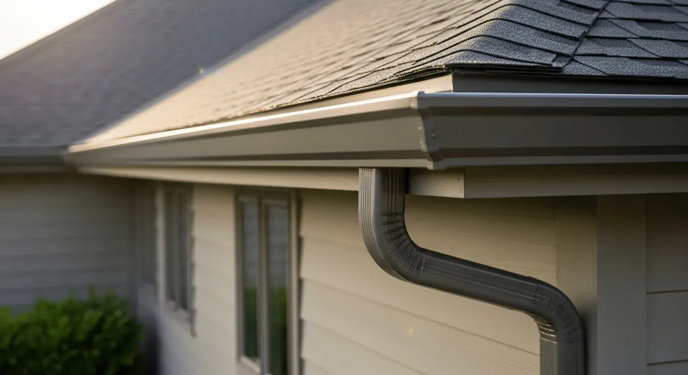 Dark seamless gutter and matching downspout on light siding