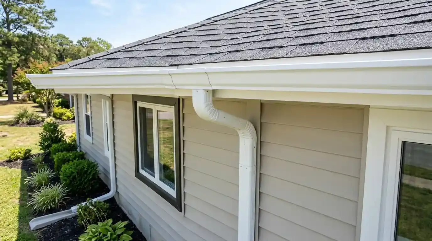 White seamless gutter and downspout along a side roofline